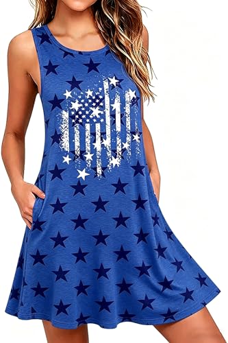 Image of Roshop Womens Juneteenth Flag Sleeveless Dress 4th of July Patriotic Swing Sundress with Pockets