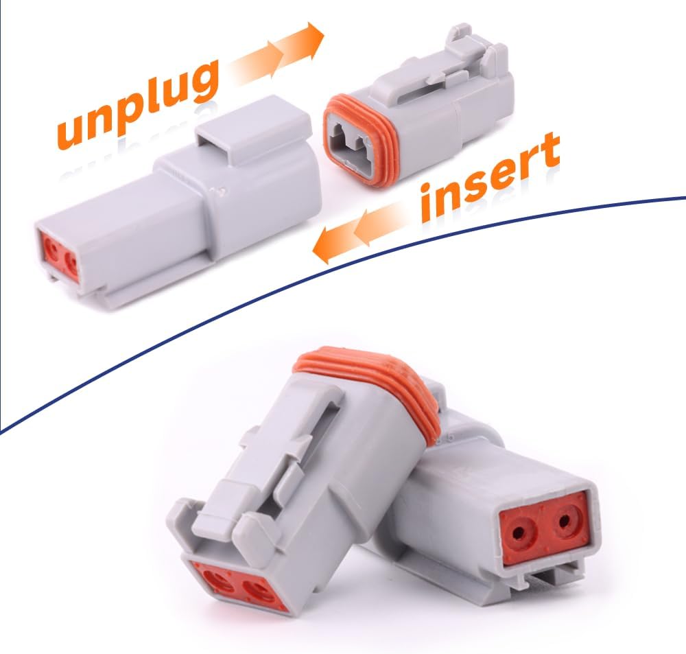 Diagram showing how to insert and unplug Deutsch DT connectors, with arrows indicating the direction of connection and disconnection.