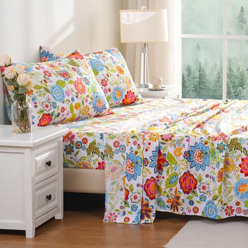 Bedlifes Twin Sheet Set Ultra Soft, Breathable, Silky Flower Deep Pocket 100% Microfiber Bedding, 3 Piece Twin Size with Floral Spring Design