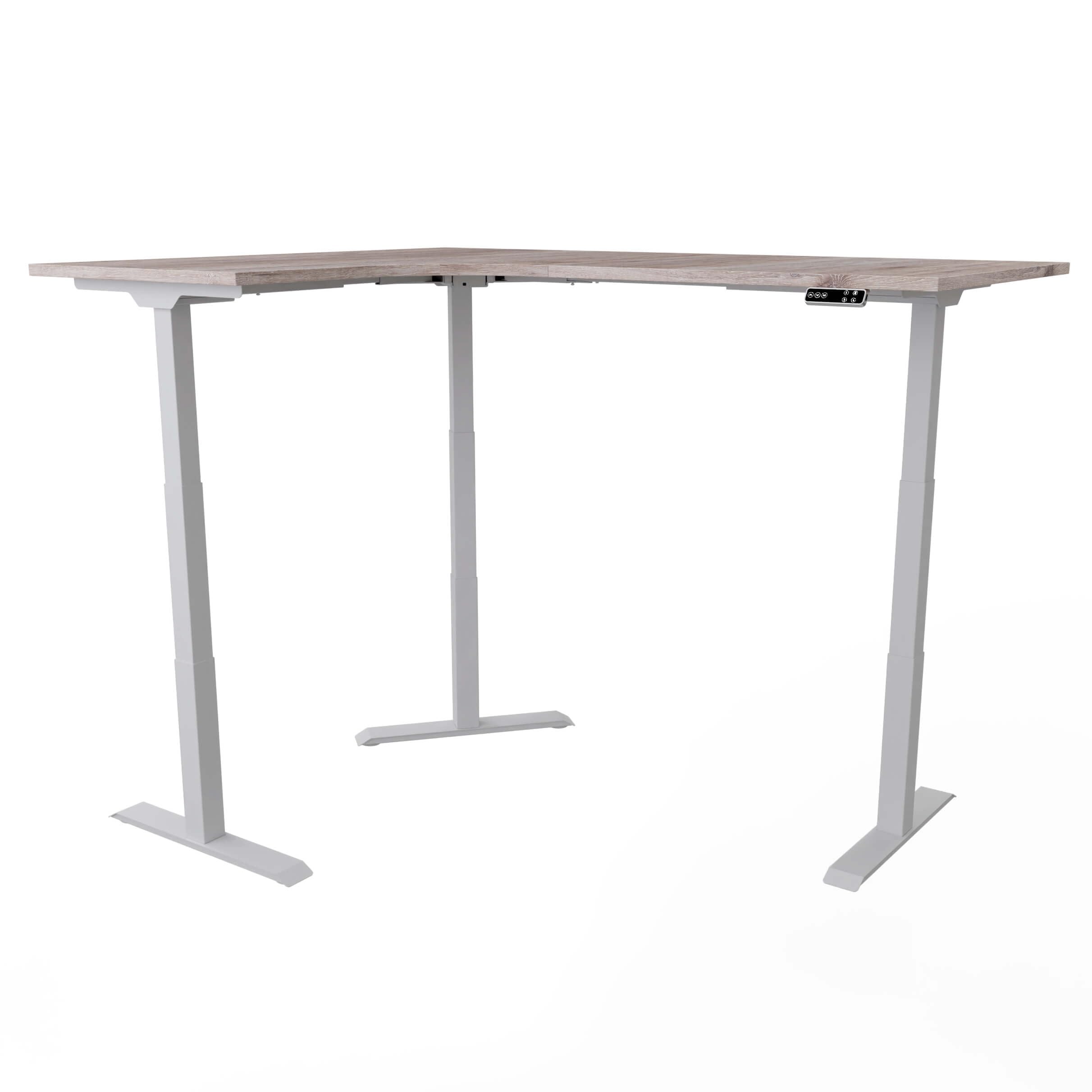 Eigentlich Elektrisch höhenverstellbarer Eckschreibtisch Gestell Silber, Winkelschreibtisch 90 Grad, Schreibtisch Triple Motor, Sitz-Stehschreibtisch Memoryfunktion (Eiche modern, Lange Seite rechts)