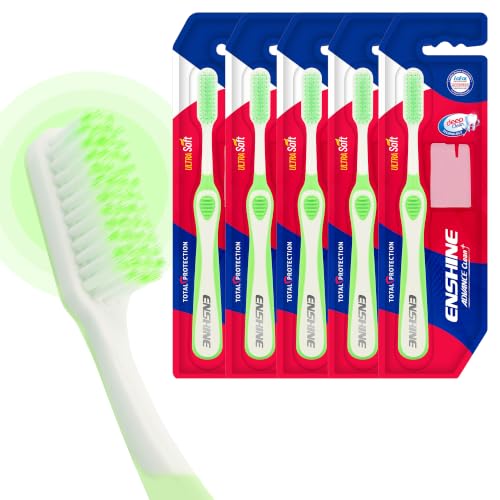 Image of Enshine Advance Clean+ Soft Toothbrush for Adults - Pack of 5 | Ultra Soft Tapered PBT Bristles | Tooth Brush Set with Non-Slip Grip | Manual Toothbrushes for Sensitive Gums & Enamel | Color Green