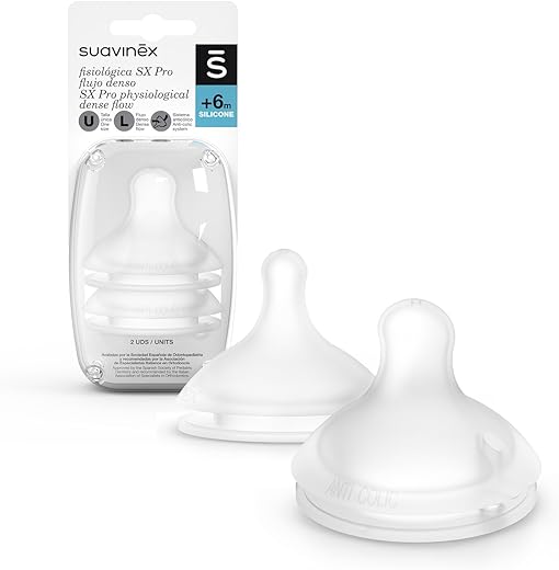 Suavinex, Nuevo Pack 2 Tetinas Fisiológicas SX Pro de Silicona. Flujo Denso Para Papillas. Tetina +6 Meses. Con Sistema Anticólico, 2 Unidades