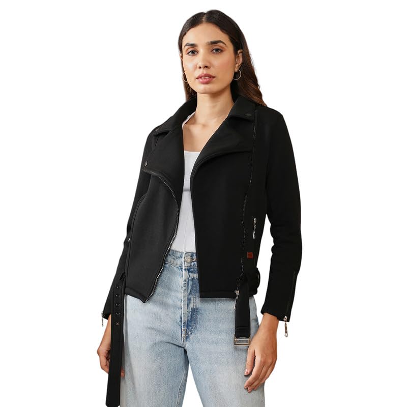 Women's Onyx Black Knitted Biker Jacket For Casual Wear | Lapel Collar | Long Regular Sleeves | Zipper Closure | Jacket Crafted With Comfort Fit For Everyday Wear-image-30