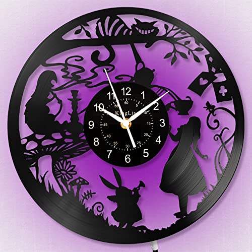 Cartoon Vinyl Record Wall Clock,Wonderland Wall Clock - 7 Color Led Lights, Alice Wall Decoration, Rabbit Vintage Wall Clock For Bedroom Kitchen, Birthday Gifts For Girls, Women #TOP2
