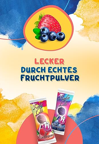 Xylit Birkenzucker Lolli MIX | 50 Stk x 6g | Keine Chance für Karies: zuckerfreier & veganer Zahnpflege Lollipop | Mix Erdbeere & Blaubeere
