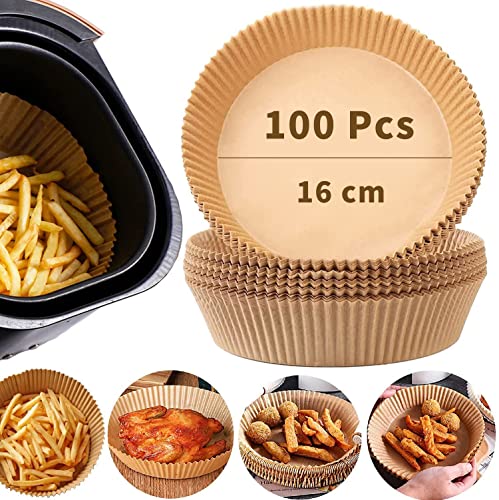 100 Pcs Papel para Freidora Aire, Papel de Horno Aire Freidora, Antiadherente Papel de Pergamino Redondo Desechable Compratible para Air Fryer 3L-6L(M-XL), Horno y Microondas 16cm Cover