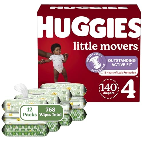 Image of HUGGIES Little Movers Size 4 Diapers, 140ct & 12 Packs Sensitive Unscented Wipes, 768 Total