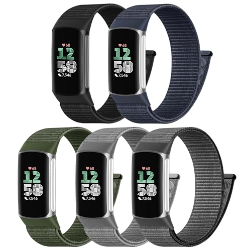 Laband 5 pulseras de nailon compatibles con Fitbit Charge 6/Fitbit Charge 5, correa de repuesto suave ajustable para Charge 6/5, para hombre y mujer, Nailon