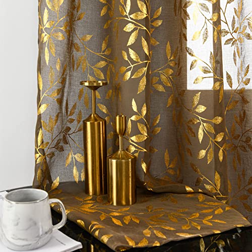 Sutuo Home Taupe Sheer Curtains 72 Inch Length 2 Panels Set, Gold Foil Print Metallic Bronzing Leaves, Privacy Voile Window Treatment Decor Drape Pair for Bedroom Nursery Room 52
