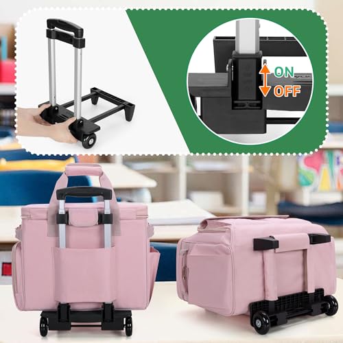 Image of LUXJA Rolling Teacher Bag with Wheels and 15.6 inch Laptop Compartment, Pink | Rolling Briefcase for Women with Accordion File Area, Teacher Tote Bag for Work with Detachable Dolly and Shoulder Strap