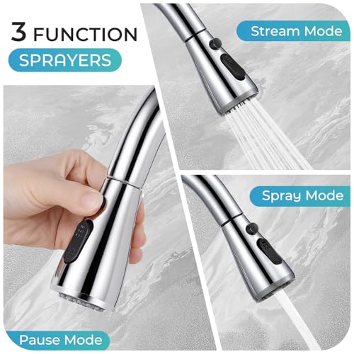 Image of Kitchen Faucet with Pull Down Sprayer - Polished Chrome Single Handle Kitchen Faucets, High Arc Stainless Steel Pull Out Kitchen Sink Faucet with Deck for RV Laundry Farmhouse Bar