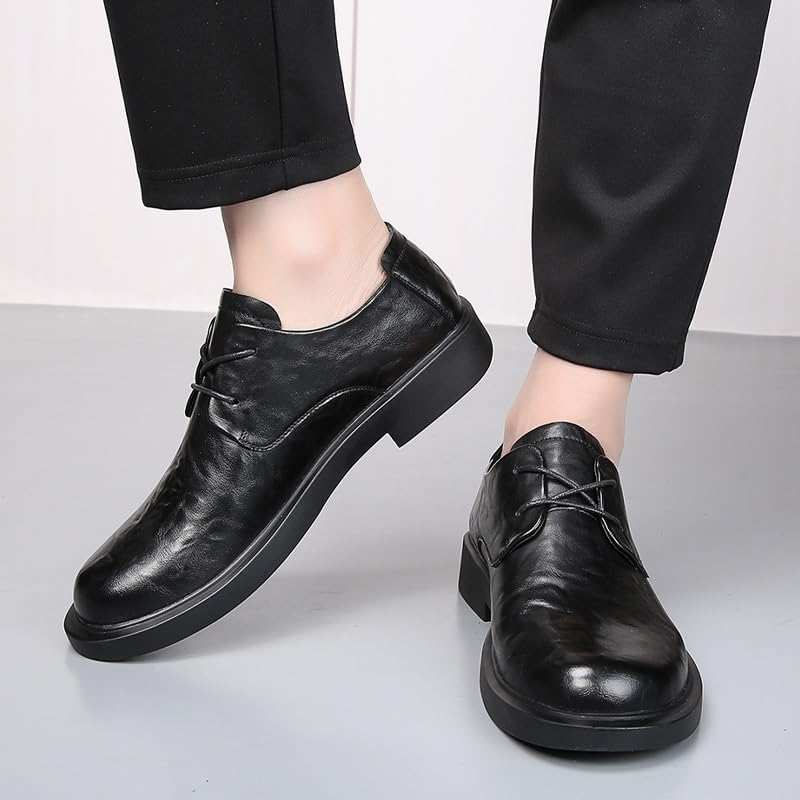 HOOENG Oxford Shoes for Men Lace Up Round Burnished Toe Faux Leather Derby Shoes Block Heel Low Top Non Slip Resistant Classic(Color:Black,Size:7.5)4