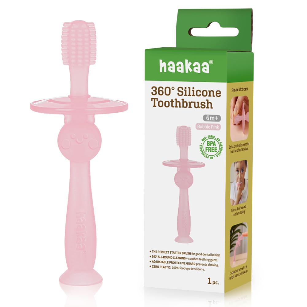 haakaa Spazzolino da denti in silicone a 360°, 100% morbido silicone per uso alimentare, senza BPA, base a ventosa, sicuro per bambini dai 6 mesi in su, pulizia delicata di gengive e denti per neonati