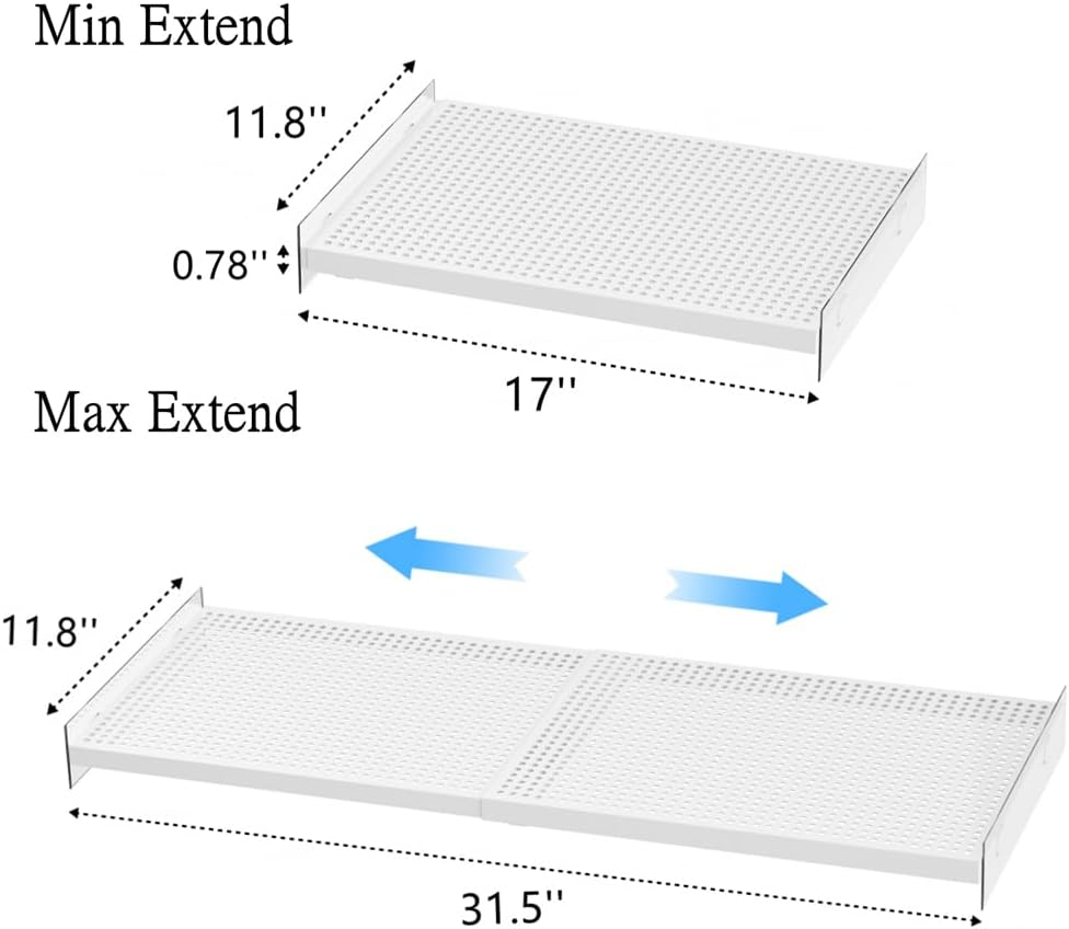 Adjustable Metal Closet Shelves, Heavy Duty Wall Mounted Expandable Tension Shelf Divider for Locker Wardrobe Cupboard (17''-31.5" L; 11.8" W), Set of 2