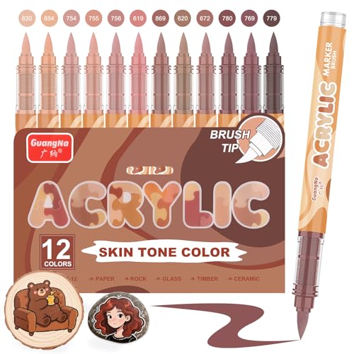 Funnasting Feutre Acrylique, 12 Brun tons marrons Pro Couleur série feutres acrylique Set pour la peinture sur roche, verre, tasses, bois, métal, bricolage