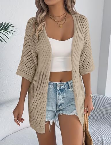 Image of Zeagoo Lightweight Summer Cardigan for Women Short Sleeve V Neck Crochet Kimonos Loose Open Front Hollow Out Cover Ups