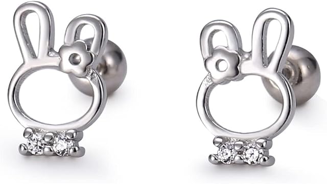 20G Cute Rabbit Studs Earrings 925 Sterling Silver Cubic Zirconia Crystal Daisy Flower Bunny Carrot Cartilage Tragus Conch Barbell Piercing Lovely Animal Pet Jewelry Gifts for Women Girls