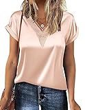 Chigant Short Sleeve Satin Blouse for Women V Neck Top Cute Silk Shirt Casual Tunic Top for Work Beige