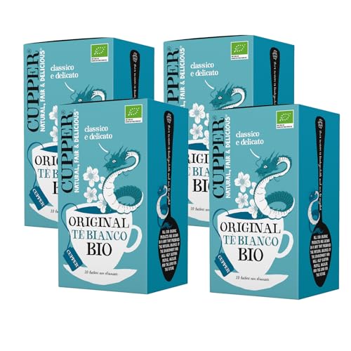 CUPPER Tè Bianco Biologico e Fairtrade, Gusto Classico e Delicato, Filtri 100% Biodegradabili, 4 Confezioni da 20 bustine di tè, Totale 80 bustine