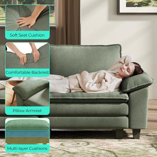 Image of LINSY Home 123'' Modular Sectional Sofa Green Couch Corduroy Cloud Couches for Living Room, U Shaped Couch with Movable Ottoman, Modern Cloud Sectional Sofas for Bedroom and Apartment, Green