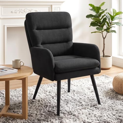 Image of Comfy Accent Chair Modern Boucle Living Room Chair,Black | Upholstered High Back Armchair with Padded Seat, Cozy Reading Lounge Chair with Black Metal Legs for Bedroom, Small Space
