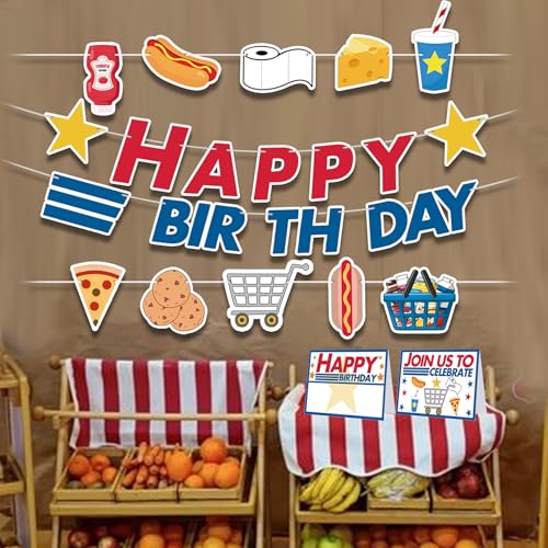 Image of HOMEZZO Supermarket Birthday Party Decorations - Supermarket Grocery Themed Hanging Banner and Tent Cards for Birthday Food Party