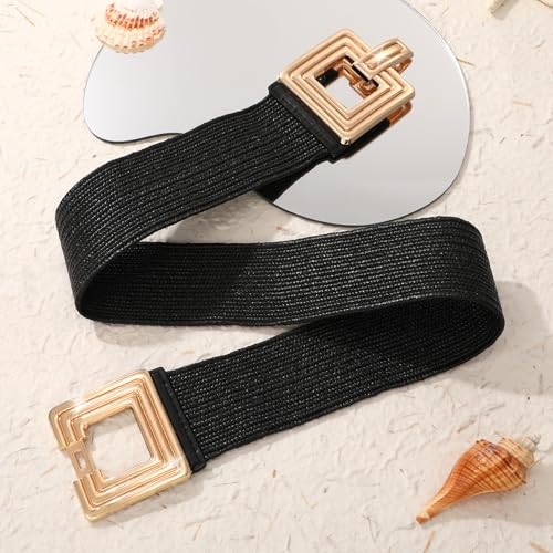XZQTIVE Woven Elastic Belts for Women Wide Rattan Waist Belt for Summer Dress with Vintage/Round Buckle Raffia Belt2