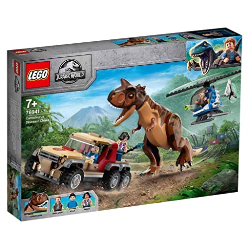 LEGO 76941 Jurassic World Verfolgung des Carnotaurus Spielzeug mit Helikopter und Pickup für Jungen und Mädchen ab 7 Jahren Dinosaurier Geschenkidee