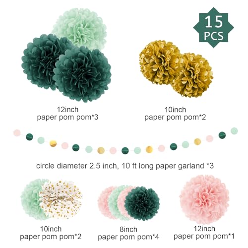Image of AOBKIAT Wedding Birthday Party Decorations Set,15PCS | Sage Green Pink Tissue Paper PomPoms,Garland String Hanging Backdrop for Baby Shower, Boho Bridal Wedding Theme Decor