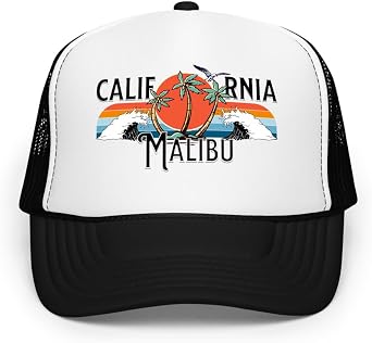 Malibu California Trucker Hat | Vintage Surf Sunset Design with Palm Trees | Adjustable Mesh Cap | Beach Gift