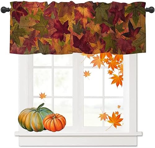 Nextchange Fall Maple Leaves Window Valances Thanksgiving Autumn Kitchen Short Curtains with Rod Pocket Valance Drapes Farmhouse Window Treatment for Living Room Bathroom Decor 54″ X 18″