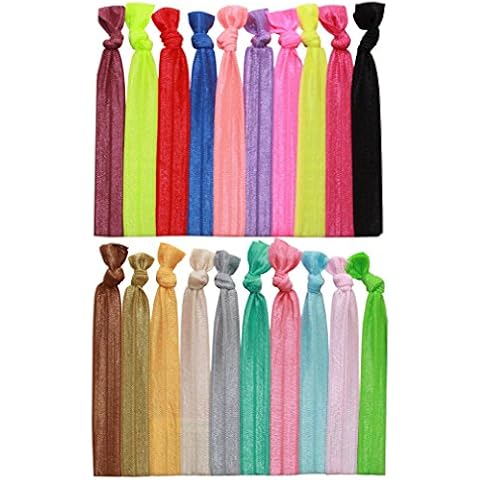 Syleia Pack of 20 Bright and Pastel Hair Ties Ponytail Holders Elastic Ribbon Band Crease Free Hand Knotted Fold Over Ouchless Strong Hold Cover