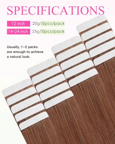 Image of YoungSee Human Hair Tape in Extensions Copper, 24 Inch Tape in Hair Extensions Human Hair, Soft and Shiny, Colored, Tape Extension Human Hair for Long Length