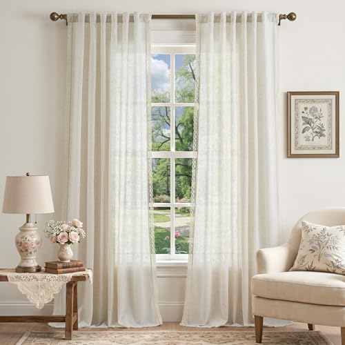 Image of jinchan Linen Curtains with Lace Trim Beige Curtains for Living Room 108 Inch Long Rod Pocket Rustic Curtains Semi Sheer Light Filtering Drapes Bedroom Dining Room Window Curtain Set 2 Panels