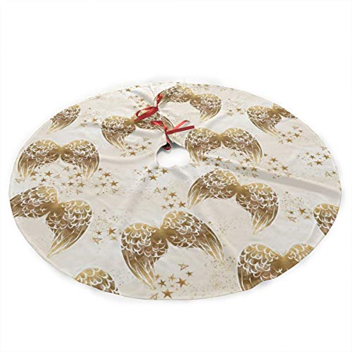 Christmas Tree Skirt 35.5 Inch,Gold Stars and Angel Wings Print Rustic Xmas Tree Holiday Decorations