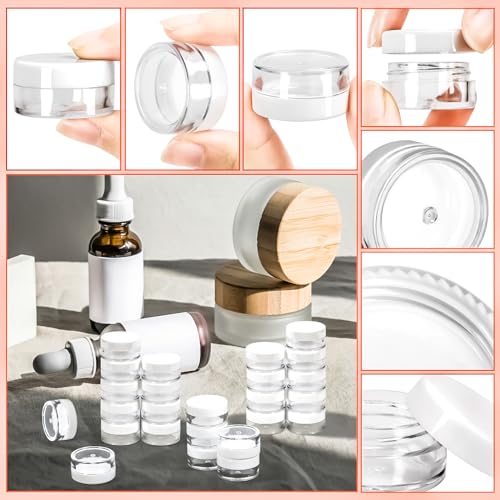 MotBach 100 Pack 5g Plastic Jars with Lids, 5ml Round Clear Cosmetic Containers Makeup Jars, 5gram Travel Size Container Jar with Spatulas for Makeup Sample Lotion Cream Ointment Salve Balm Powder