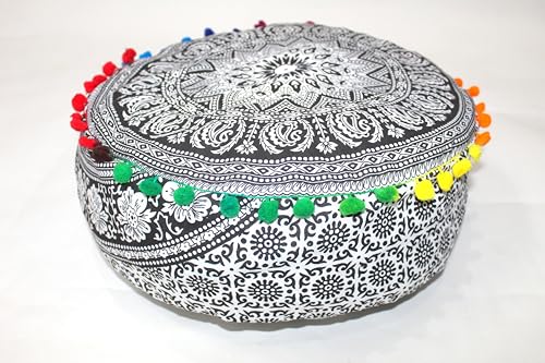 CRAFT KALA Funda de cojín otomana grande con diseño de elefante negro con diseño de mandala hippie para meditación, puf cuadrado, funda de cojín bohemia para suelo al aire libre, chimenea, sala de