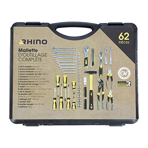 Rhino - Werkzeugset - Werkzeugkoffer 62-teilig - Werkzeugkoffer: Schlüssel, Zangen, Schraubendreher, Cutter, Ratschenschlüssel, Stecknüsse, Hammer, Schrauberbits - Chrom Vanadium - 5 Jahre Garantie