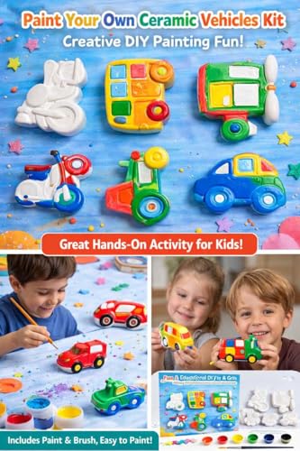 Image of EXPESIA Paint Your Own Ceramic Vehicles Kit for Kids, DIY Arts and Crafts Set with 6 Figurines, Paints and Brush, Ages +2 Year