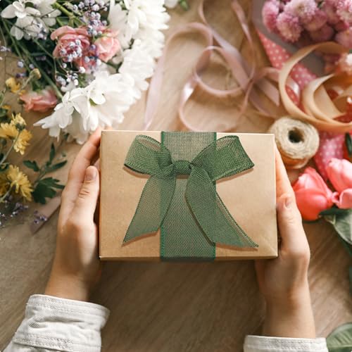 Burlap Wired Ribbon 1-1/2 Inch x 10 Yards Solid Wired Edge Ribbon for Big Bows, Wreaths, Outdoor Decoration, Gift Wrapping, Fall Crafts, Flower Bouquets, Garland (Green)