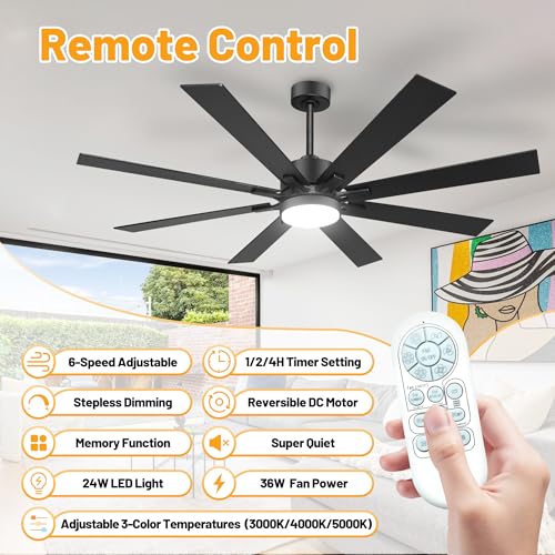Image of hykolity 72 Inch Modern Flush Mount Large Black Ceiling Fan with Light