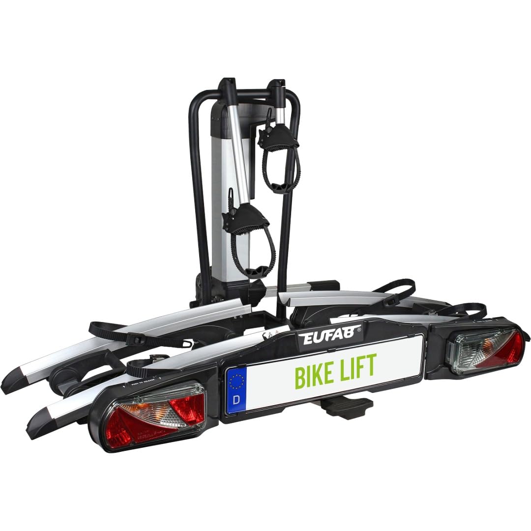 EUFAB 11554 Bagażnik rowerowy Bike Lift, nadaje się do rowerów elektrycznych, w pełni zmontowany, elektryczne opuszczanie, ochrona przed kradzieżą, na 2 rowery, na hak holowniczy, 2025 z uchwytami na