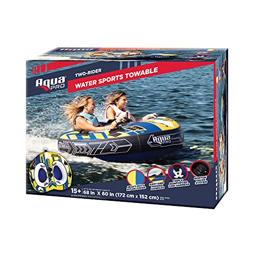 Aqua Pro Towable Tube for Water Sports – 1-2 Riders – Inflatable Boat Tube with Pocket Seating – Yellow/Blue