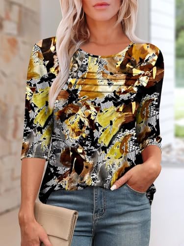KISSMODA Women's Casual 3/4 Sleeve T-Shirts Round Neck Cute Tunic Tops Basic/Pleated Summer Tops Trendy Spring Blouses