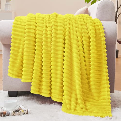 Image of BEDELITE Fleece Throw Blanket for Couch - 3D Ribbed Jacquard Soft and Warm Decorative Fuzzy Blanket - Cozy, Fluffy, Plush Lightweight Yellow Throw Blankets for Bed, Sofa, 50x60 inches