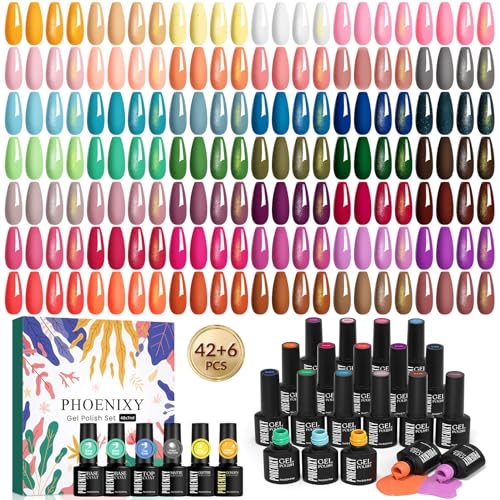 Phoenixy 48PCS Vernis Semi Permanent, 42 Couleurs Vernis Gel UV Semi Permanent avec 2 Base Coat 4 Top Coat, Kit de Vernis à Ongles pour Débutants, Bleu,...