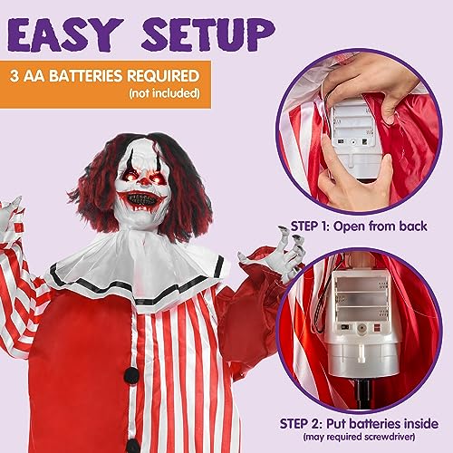 Image of JOYIN 67 inch Halloween Decorations Outdoor, Scary Animatronics Clown Decor Clearance with LED Eyes and Creepy Sound, Life Size Animated for Haunted House Lawn Yard Patio