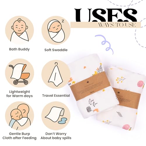 Image of HABER Organic Cotton Muslin Baby Bath Towel 70x70 Pack of 2|4 Layer Ultra Soft Skin Safe Muslin | Highly Absorbent Quick Dry Newborn Towel for Sensitive Skin | Gentle Towel for Infants & Toddlers