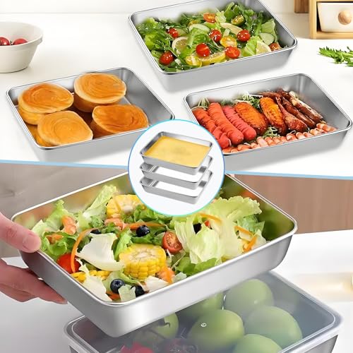 HXSYKJDM Panierschalen Set 3-teilig, 25 X 19.5 X 5 cm Panierstrasse Edelstahl Schüssel mit Steakzange und Abwaschlappen, Edelstahl Schale Rechteckig mit Deckel Stapelbar für Fisch Fleisch Gemüse