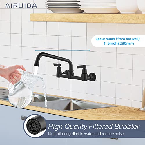 Airuida Matte Black Wall Mount Utility Kitchen Sink Faucet 9 Inches Swivel Spout Wall Mounted Kitchen Faucets 8 Inches Center Restaurant Commercial Faucet 2 Handles Laundry Mixer Tap #TOP1